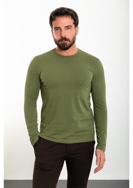 Düz Yeşil Slim Fit Bisiklet Yaka Uzun Kollu Erkek T-Shirt