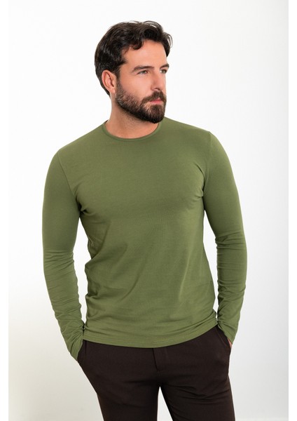 Düz Yeşil Slim Fit Bisiklet Yaka Uzun Kollu Erkek T-Shirt modelleri