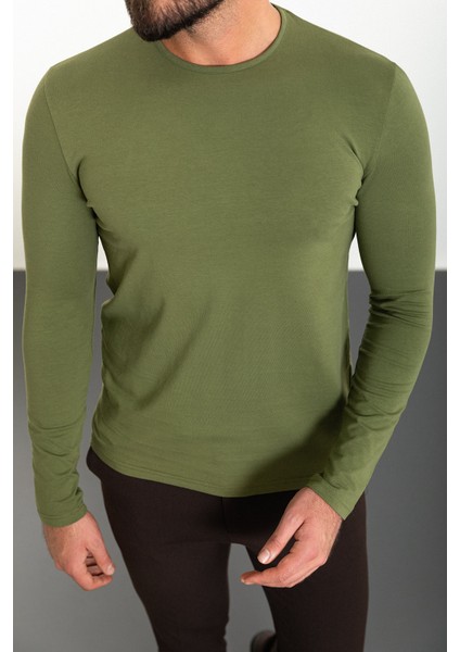 Düz Yeşil Slim Fit Bisiklet Yaka Uzun Kollu Erkek T-Shirt fırsatları