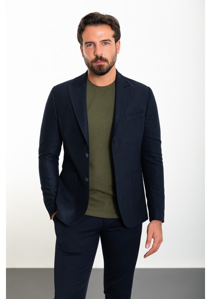 Düz Lacivert Slim Fit Torba Cep Geniş Yaka Yün Erkek Ceket