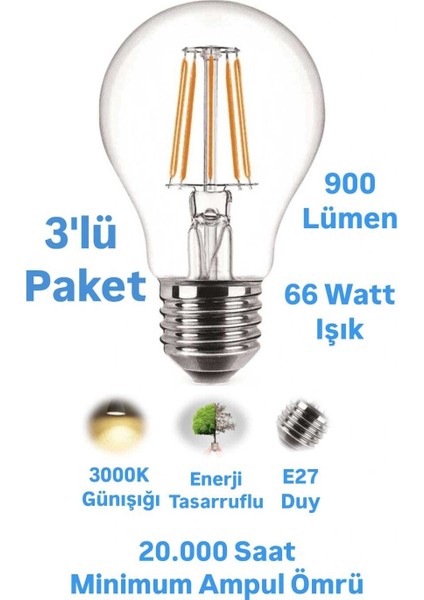 Horoz 8W Rustik LED Ampul Günışığı E27 Duylu Dekoratif Ampul Flamanlı 900 Lümen