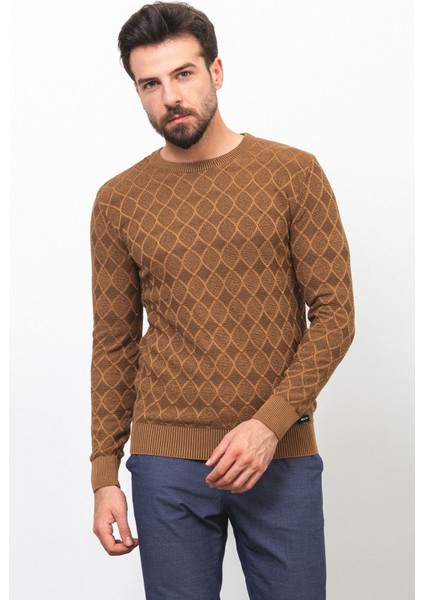 Desenli Kamel Rengi Slim Fit Bisiklet Yaka Erkek Kazak