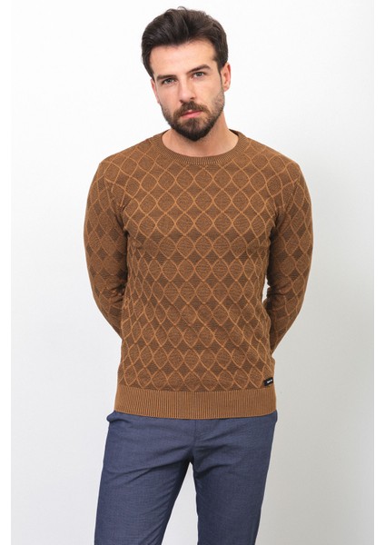 Desenli Kamel Rengi Slim Fit Bisiklet Yaka Erkek Kazak