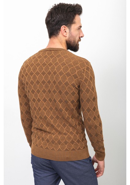 Desenli Kamel Rengi Slim Fit Bisiklet Yaka Erkek Kazak