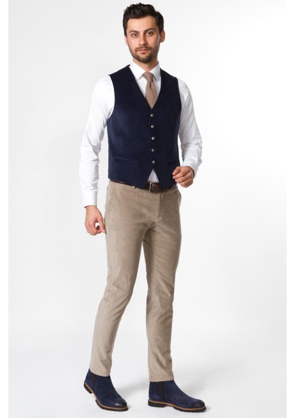 Düz Lacivert Renk Slim Fit Metal Düğmeli Klasik Kadife Erkek Yelek modelleri