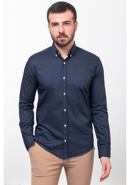 Düz Lacivert Renk Slim Fit Uzun Kollu Erkek Gömlek