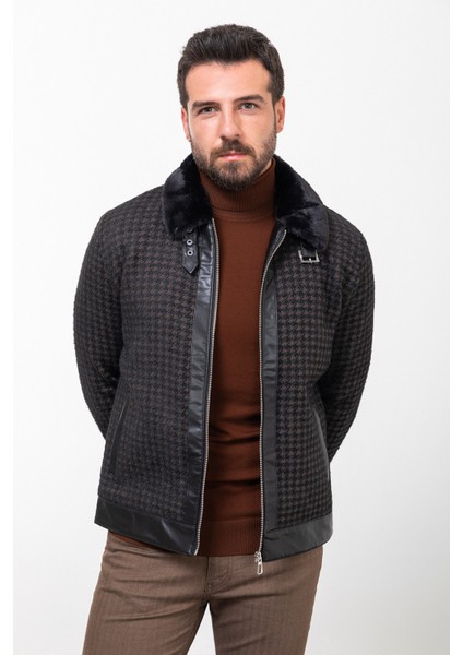 Kazayağı Kahverengi Slim Fit Kürklü Yaka Yün Erkek Mont fırsatları