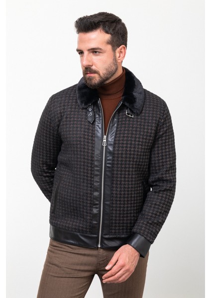 Kazayağı Kahverengi Slim Fit Kürklü Yaka Yün Erkek Mont indirimleri
