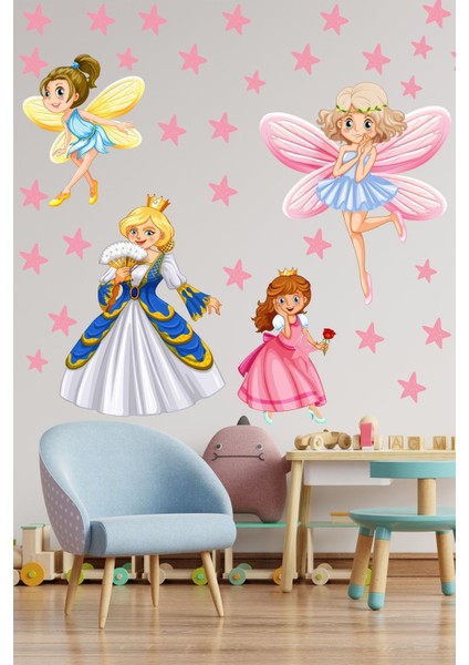 Çocuk odası duvar sticker seti, renkli çiçekli prenses ve yıldızlar teması