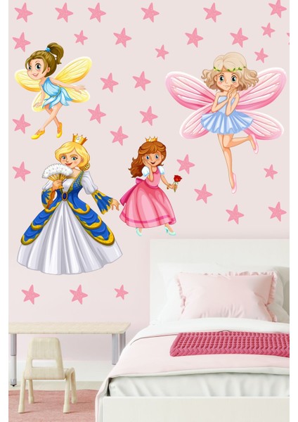 Çocuk odası duvar sticker seti, renkli çiçekli prenses ve yıldızlar teması fiyatları
