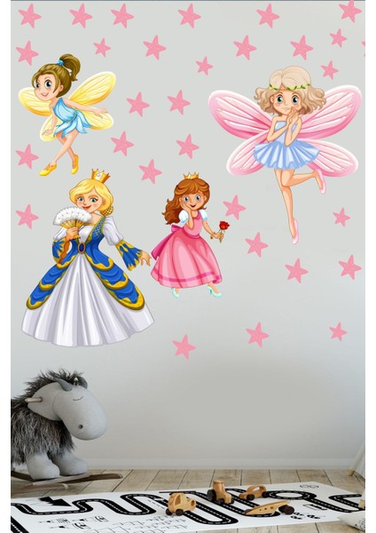 Çocuk odası duvar sticker seti, renkli çiçekli prenses ve yıldızlar teması modelleri