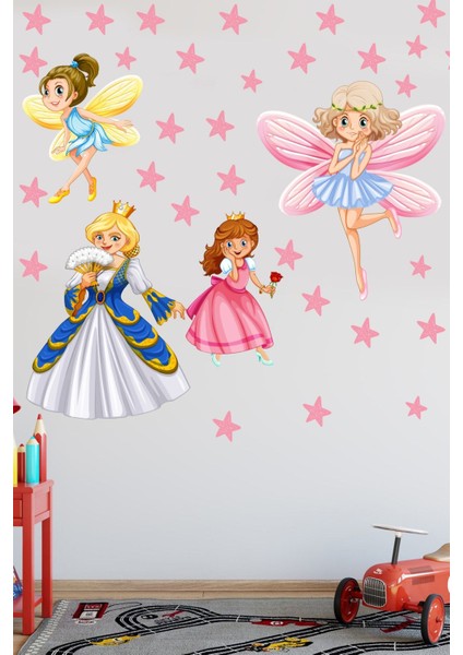 Çocuk odası duvar sticker seti, renkli çiçekli prenses ve yıldızlar teması fırsatları