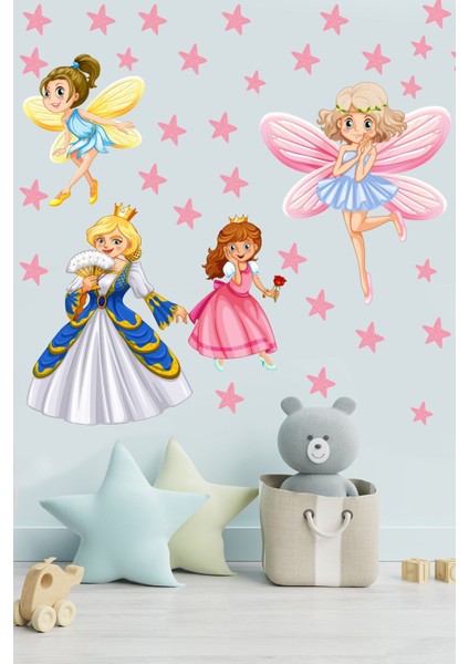 Çocuk odası duvar sticker seti, renkli çiçekli prenses ve yıldızlar teması indirimleri