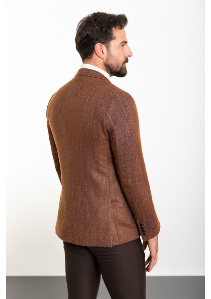 Dokulu Kiremit Rengi Slim Fit Torba Cep Mono Yaka Yün Erkek Ceket indirimleri