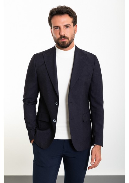 Düz Lacivert Slim Fit Geniş Yaka Yün Erkek Ceket