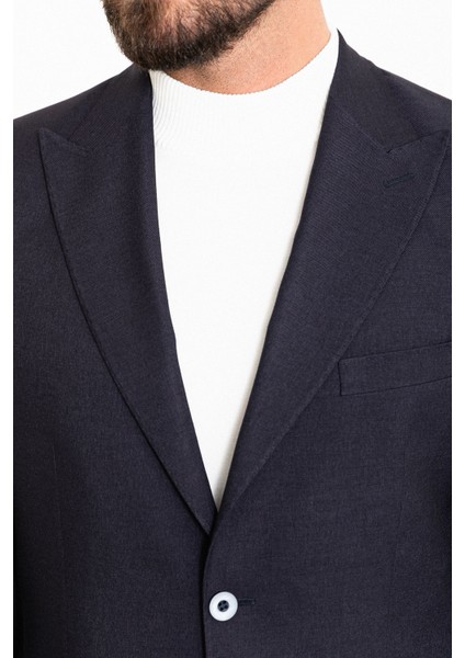 Düz Lacivert Slim Fit Geniş Yaka Yün Erkek Ceket fiyatları