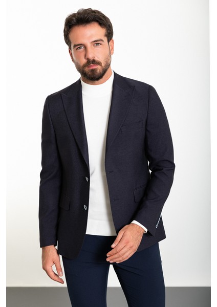 Düz Lacivert Slim Fit Geniş Yaka Yün Erkek Ceket modelleri