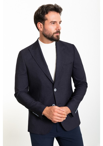 Düz Lacivert Slim Fit Geniş Yaka Yün Erkek Ceket fırsatları
