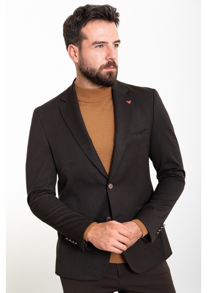 Düz Kahverengi Slim Fit Mono Yaka Erkek Ceket