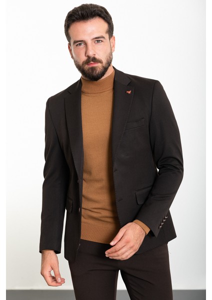 Düz Kahverengi Slim Fit Mono Yaka Erkek Ceket