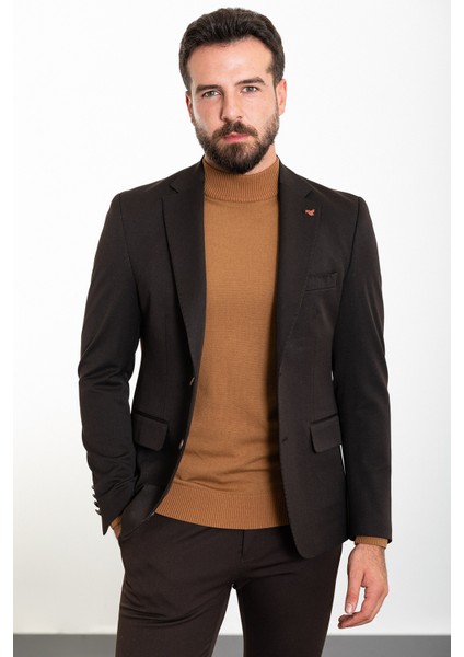 Düz Kahverengi Slim Fit Mono Yaka Erkek Ceket