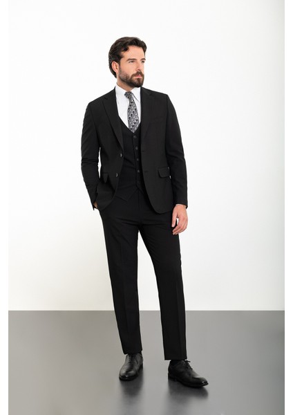 Düz Siyah Slim Fit Mono Yaka Klasik Erkek Takım Elbise modelleri
