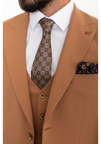 Düz Kamel Rengi Slim Fit Geniş Yaka Erkek Takım Elbise fiyatları