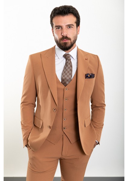 Düz Kamel Rengi Slim Fit Geniş Yaka Erkek Takım Elbise fırsatları