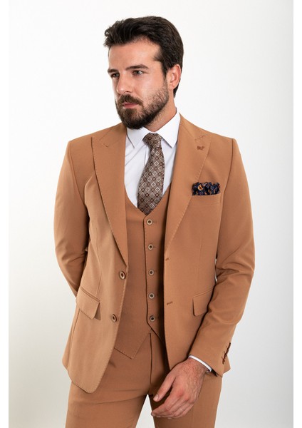 Düz Kamel Rengi Slim Fit Geniş Yaka Erkek Takım Elbise indirimleri
