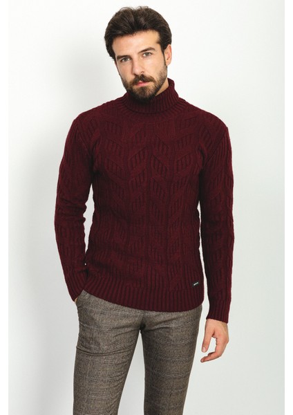Örgülü Bordo Rengi Slim Fit Tam Balıkçı Yaka Yün Erkek Kazak