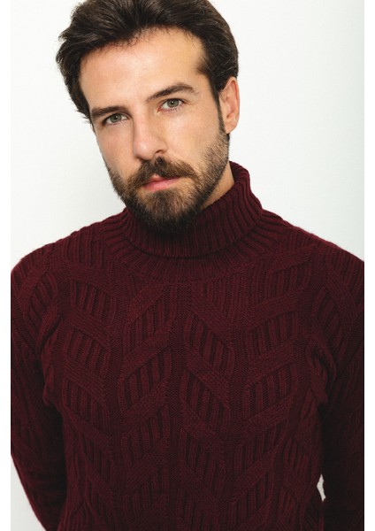 Örgülü Bordo Rengi Slim Fit Tam Balıkçı Yaka Yün Erkek Kazak fiyatları