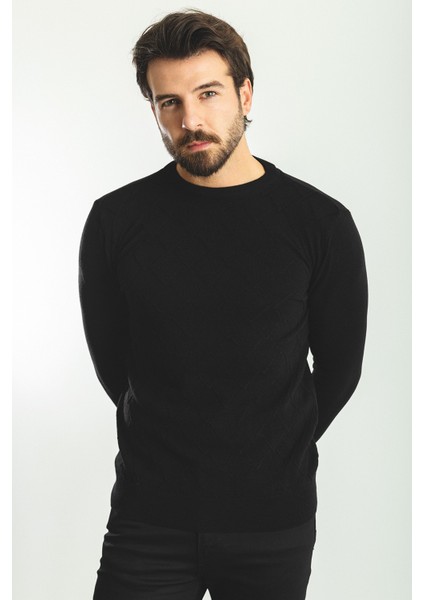 Desenli Siyah Renk Slim Fit Bisiklet Yaka Yün Erkek Kazak