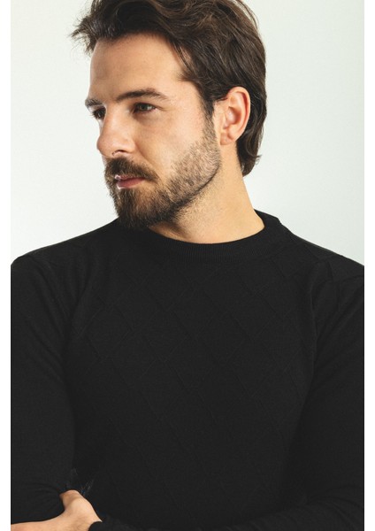 Desenli Siyah Renk Slim Fit Bisiklet Yaka Yün Erkek Kazak fiyatları