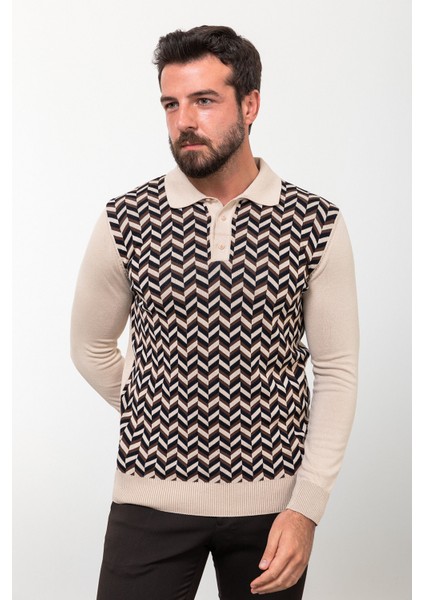 Desenli Bej Slim Fit Polo Yaka Erkek Triko Kazak
