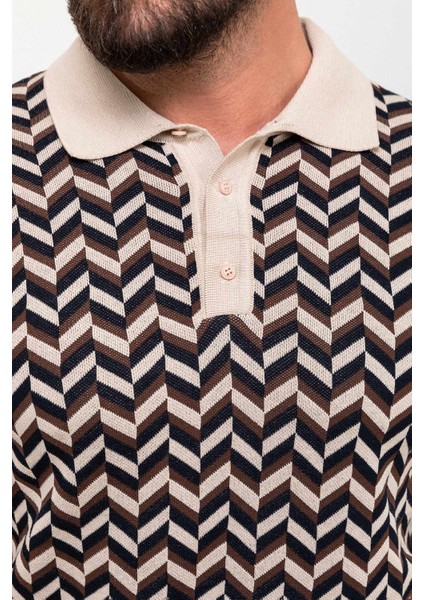 Desenli Bej Slim Fit Polo Yaka Erkek Triko Kazak fiyatları