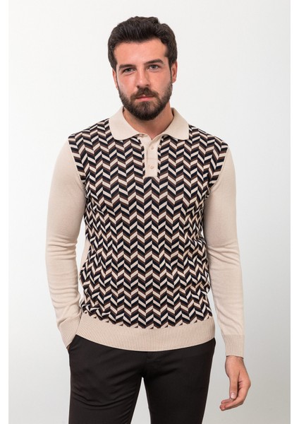 Desenli Bej Slim Fit Polo Yaka Erkek Triko Kazak modelleri