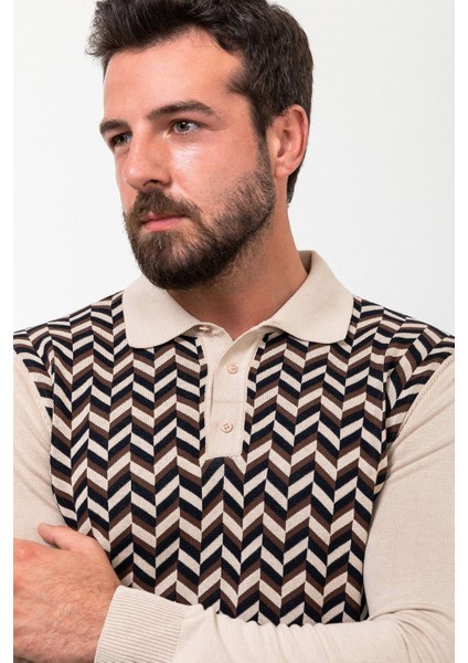 Desenli Bej Slim Fit Polo Yaka Erkek Triko Kazak indirimleri