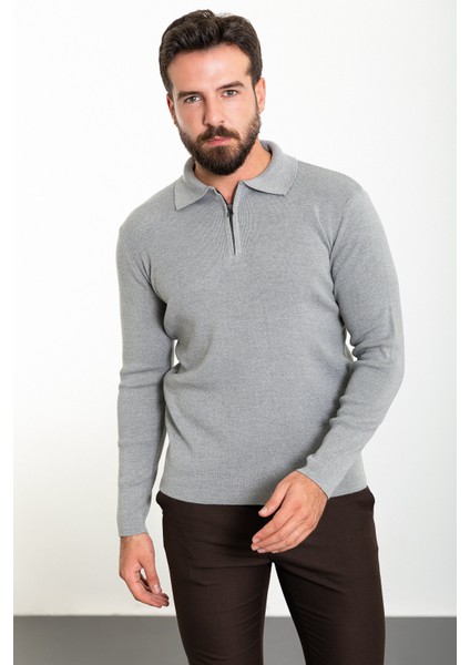 Düz Açık Gri Slim Fit Fermuarlı Polo Yaka Erkek Triko Kazak
