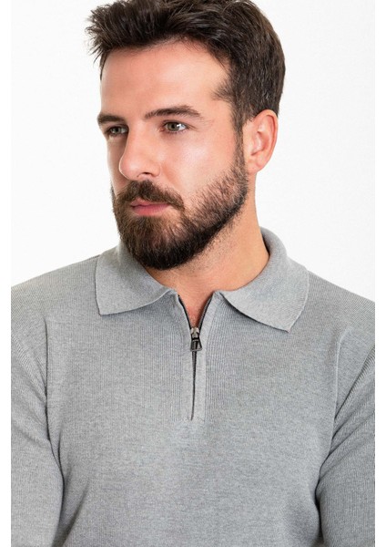 Düz Açık Gri Slim Fit Fermuarlı Polo Yaka Erkek Triko Kazak fiyatları