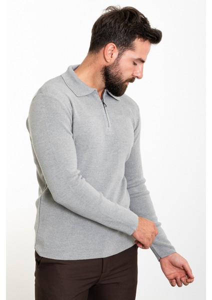 Düz Açık Gri Slim Fit Fermuarlı Polo Yaka Erkek Triko Kazak modelleri