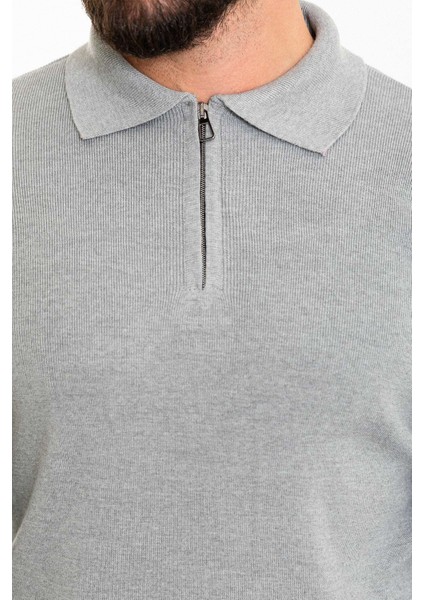 Düz Açık Gri Slim Fit Fermuarlı Polo Yaka Erkek Triko Kazak fırsatları