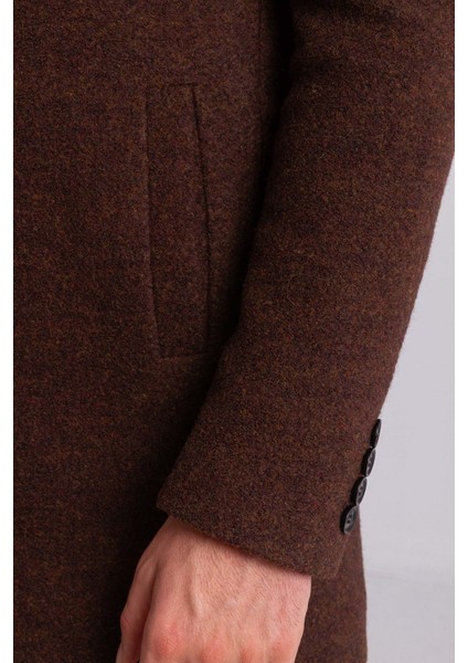 Kırçıllı Kahverengi Slim Fit Hakim Yaka Erkek Yün Kaban