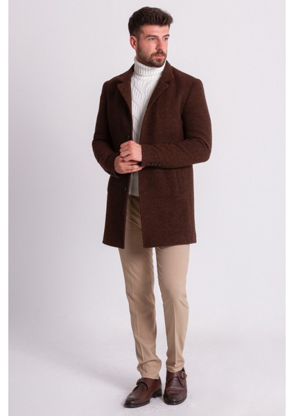 Kırçıllı Kahverengi Slim Fit Hakim Yaka Erkek Yün Kaban