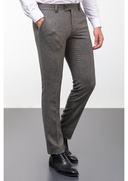 Desenli Siyah Renk Super Slim Fit Yün Erkek Pantolon