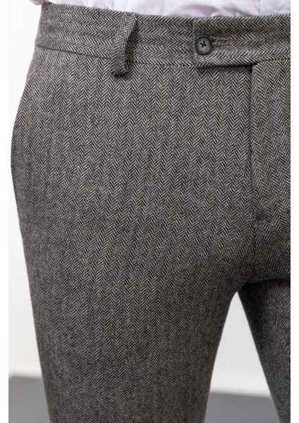 Desenli Siyah Renk Super Slim Fit Yün Erkek Pantolon