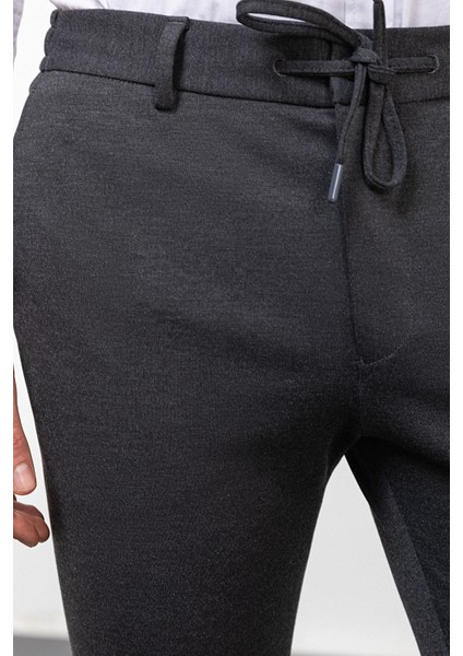 Düz Antrasit Super Slim Fit Beli Lastikli Ipli Erkek Pantolon
