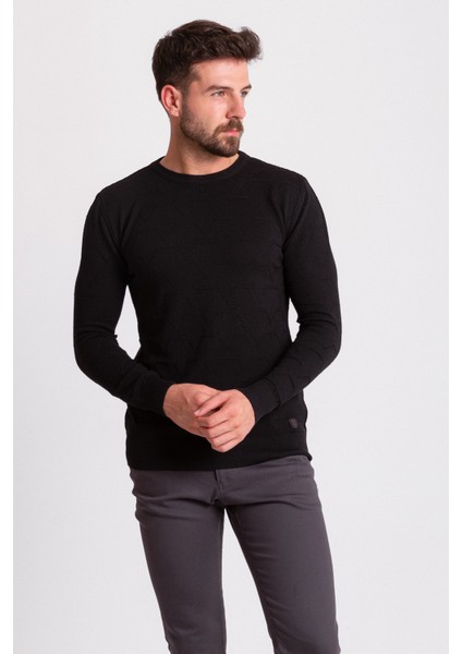 Desenli Siyah Renk Slim Fit Erkek Bisiklet Yaka Kazak