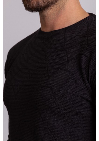 Desenli Siyah Renk Slim Fit Erkek Bisiklet Yaka Kazak
