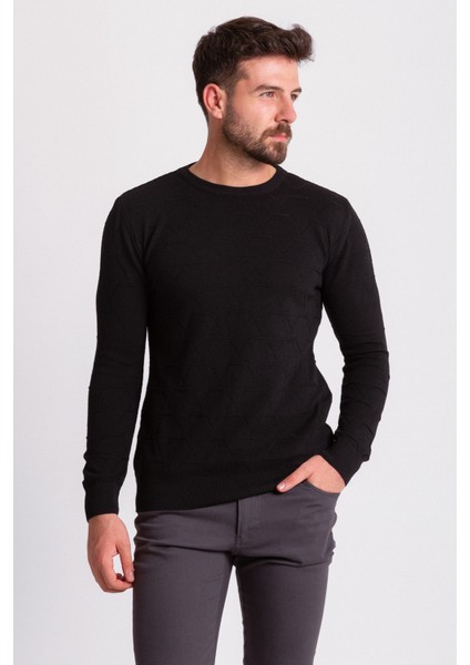 Desenli Siyah Renk Slim Fit Erkek Bisiklet Yaka Kazak