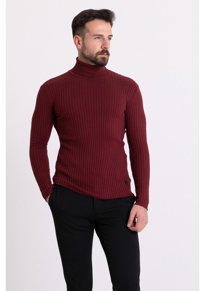 Çizgili Bordo Slim Fit Tam Balıkçı Yaka Erkek Triko Kazak